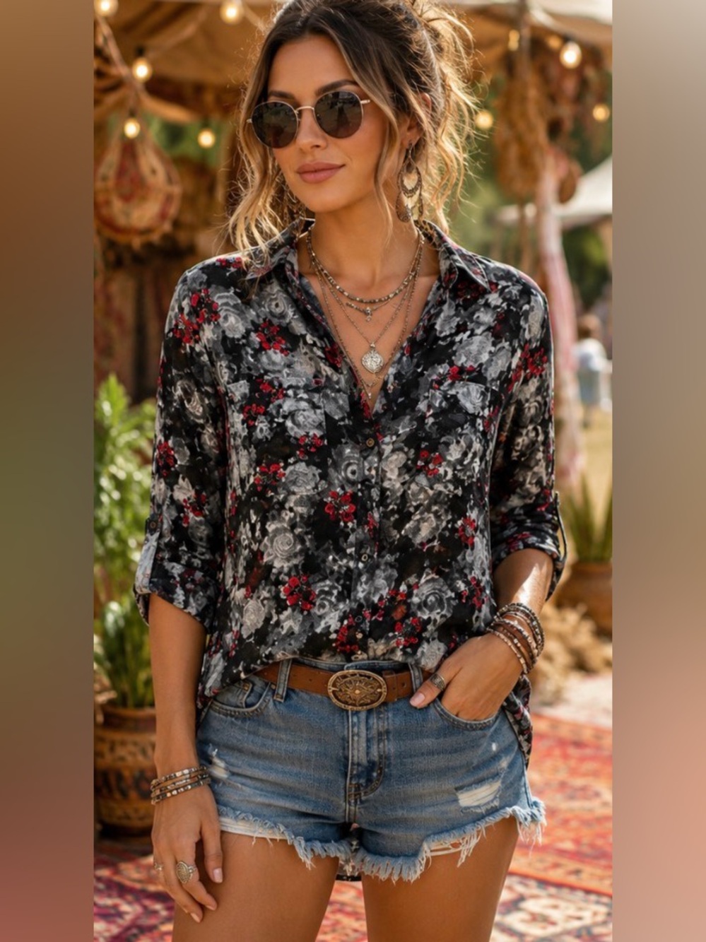 Rock & Republic Floral Button Down Blouse Large Black Gray Red High Low Hem